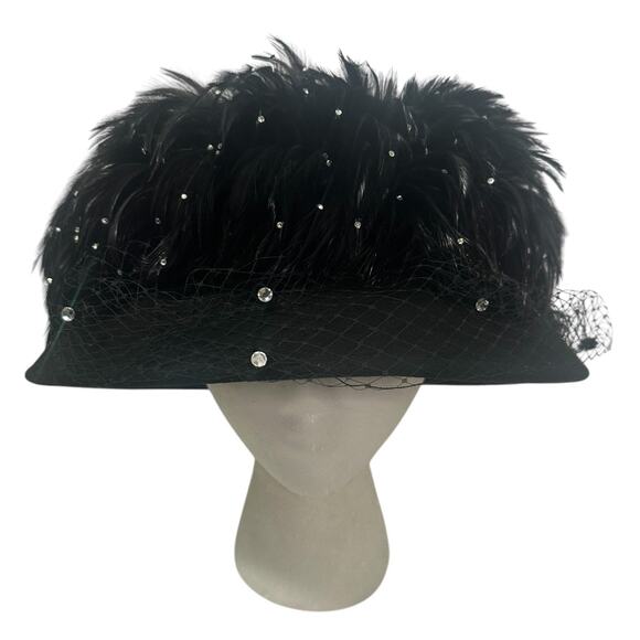 Vintage 80s Essence Hat Black Feathered Wide Brimmed Derby Church Hat - Picture 2 of 9